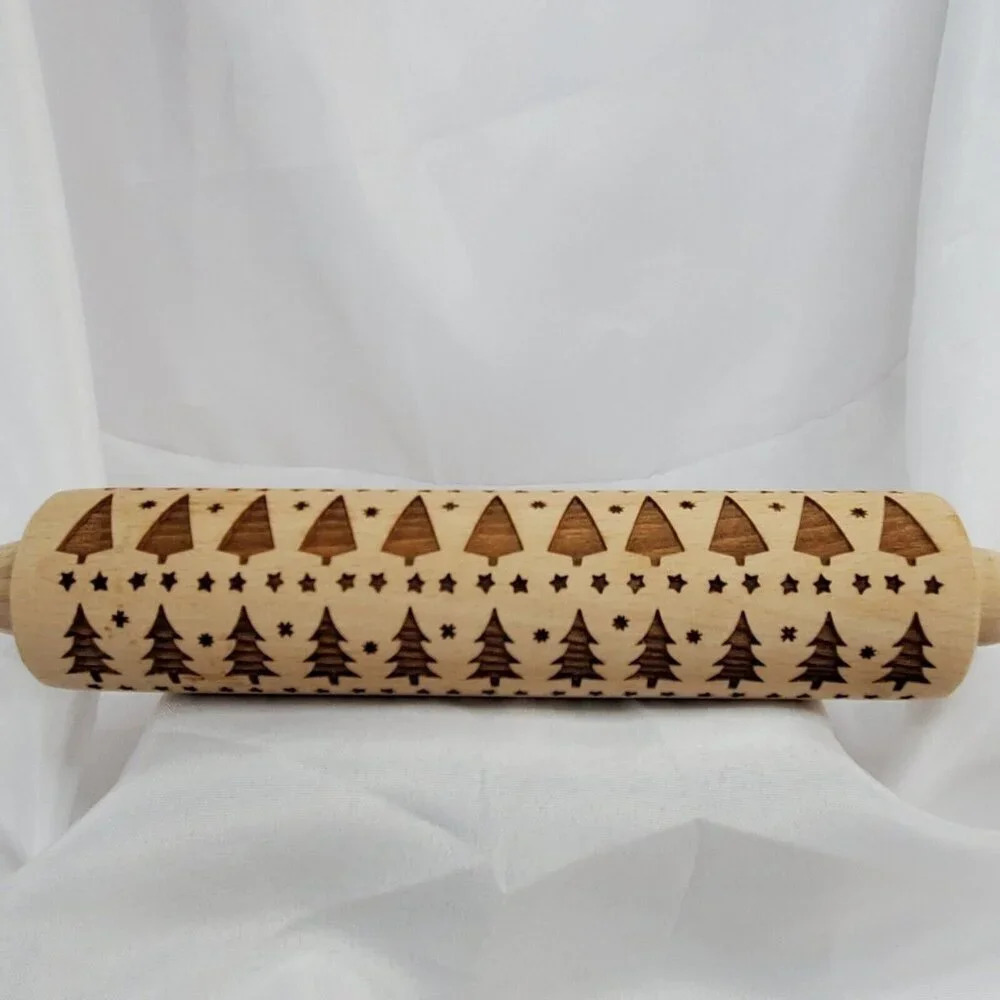 Embossed Rolling Pins for Baking Christmas Tree Engraved Wooden Rolling - Picture 2 of 9